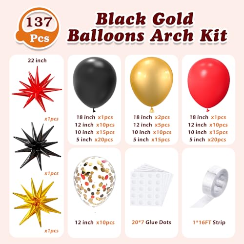LOOLEY 137-Piece Red Black Gold Balloon Garland Arch Kit with Starburst Balloons - Graduation Hollywood Casino Decor