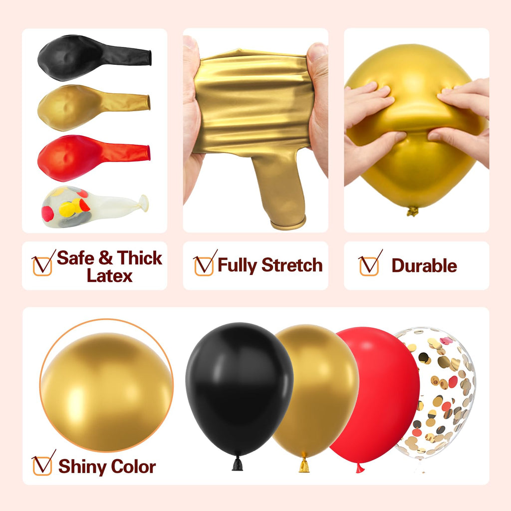 LOOLEY 137-Piece Red Black Gold Balloon Garland Arch Kit with Starburst Balloons - Graduation Hollywood Casino Decor