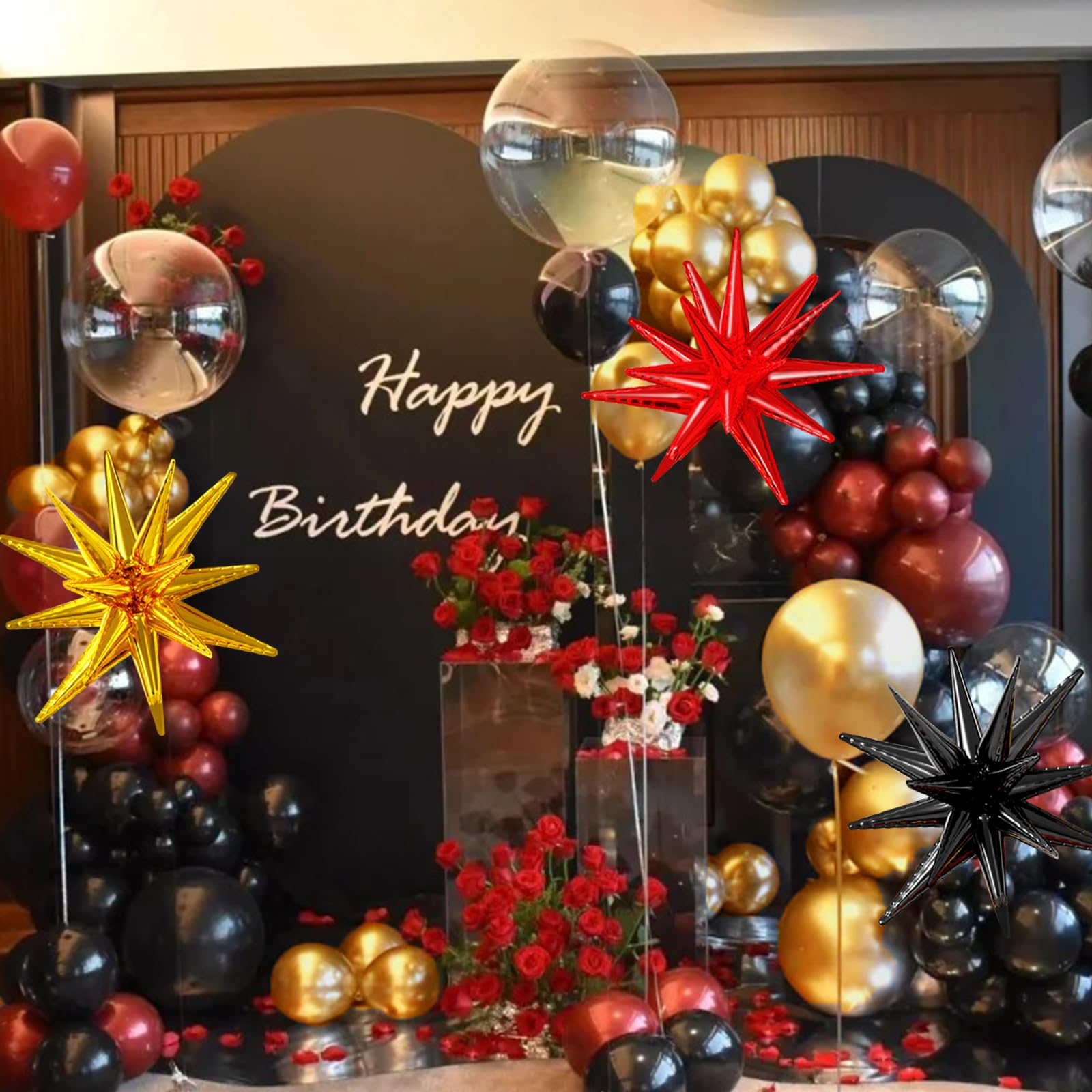 LOOLEY 137-Piece Red Black Gold Balloon Garland Arch Kit with Starburst Balloons - Graduation Hollywood Casino Decor
