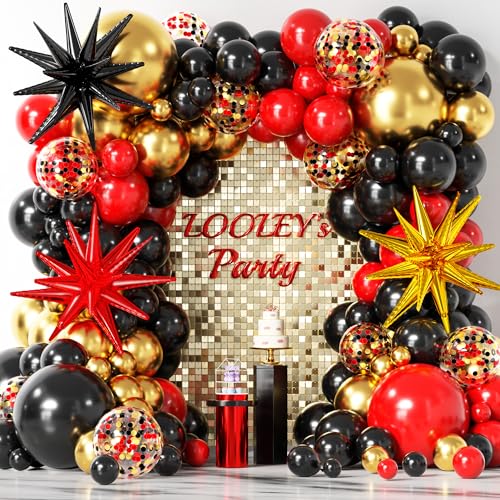 LOOLEY 137-Piece Red Black Gold Balloon Garland Arch Kit with Starburst Balloons - Graduation Hollywood Casino Decor