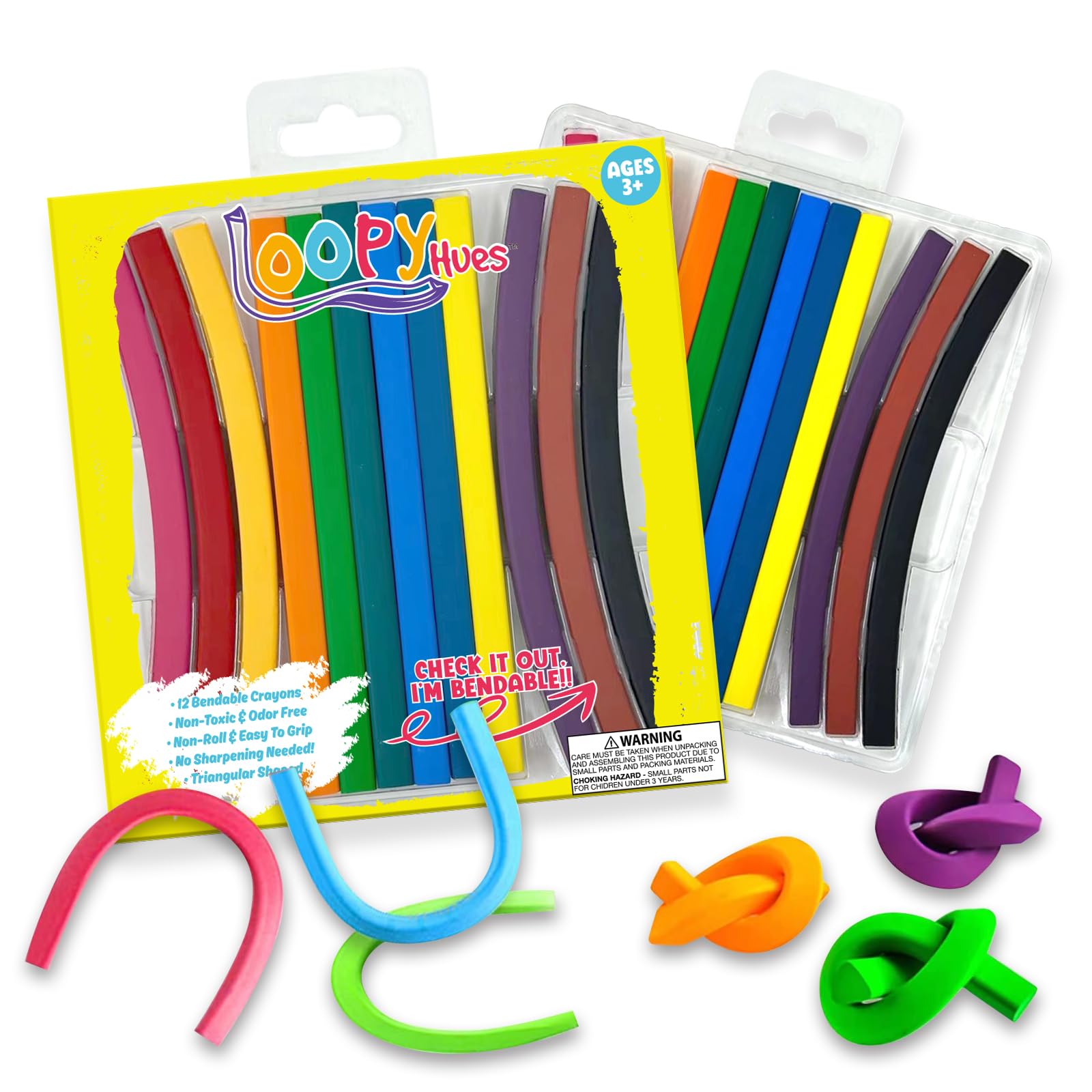 Loopy Hues Bendable Crayons, 12 Pack - 3D Number & Letter Shapes, Non-Toxic, No Sharpening Needed