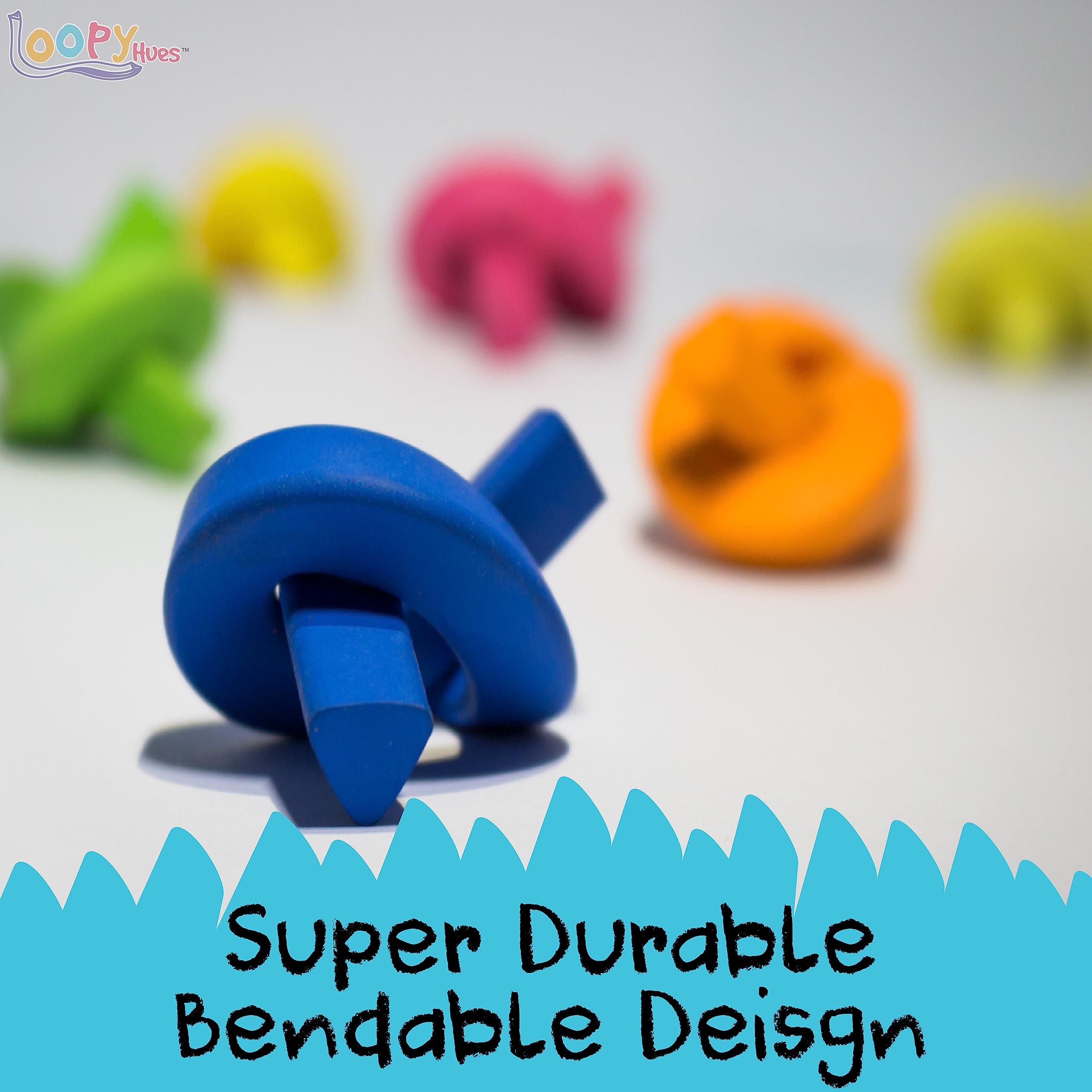 Loopy Hues Bendable Crayons, 12 Pack - 3D Number & Letter Shapes, Non-Toxic, No Sharpening Needed