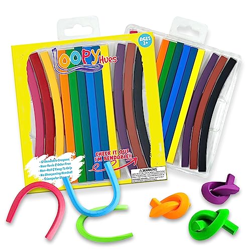 Loopy Hues Bendable Crayons, 12 Pack - 3D Number & Letter Shapes, Non-Toxic, No Sharpening Needed