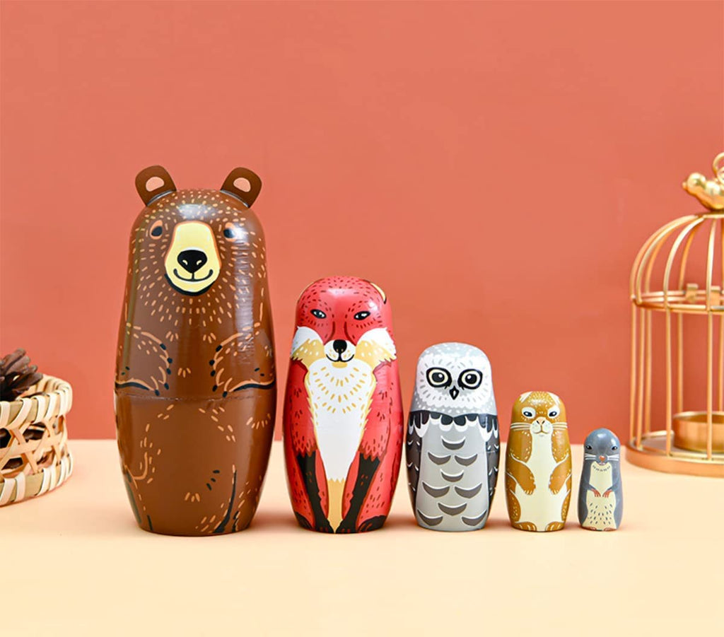 Lorveelo Handmade Wooden Animal Nesting Dolls Set of 5 - Brown Bear, Fox, Owl, Rabbit, Raccoon Matryoshka