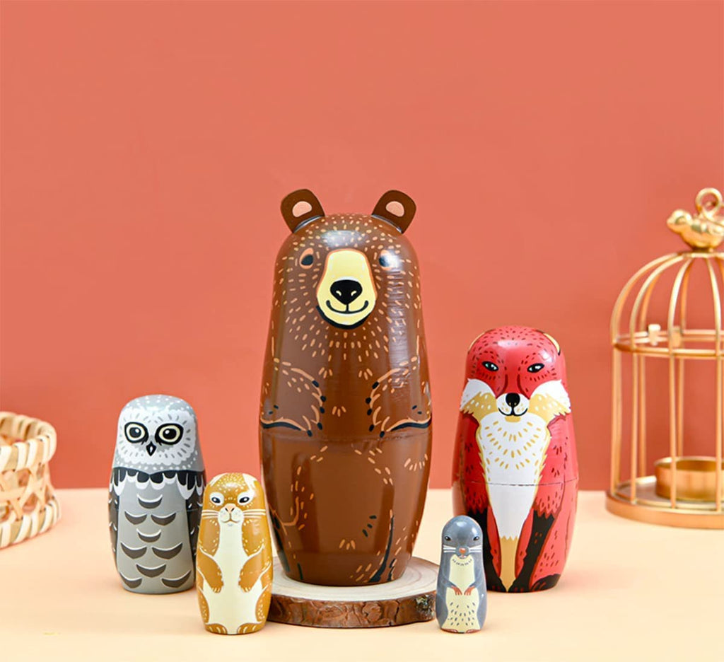 Lorveelo Handmade Wooden Animal Nesting Dolls Set of 5 - Brown Bear, Fox, Owl, Rabbit, Raccoon Matryoshka