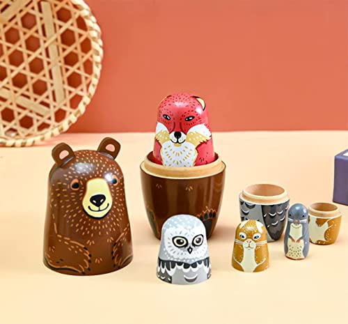 Lorveelo Handmade Wooden Animal Nesting Dolls Set of 5 - Brown Bear, Fox, Owl, Rabbit, Raccoon Matryoshka