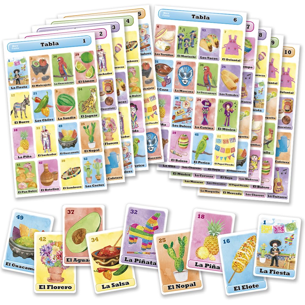 Loteria Fiesta Mexican Bingo Game Set for 10 Players - 54 Calling Cards & 10 Boards