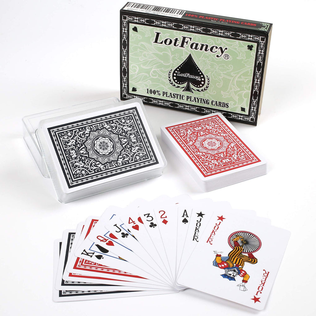 LotFancy Waterproof Playing Cards – 100% Plastic, 2 Decks (Red & Black), Poker Size, Standard Index, Washable PVC for Pool, Beach & Magic Tricks