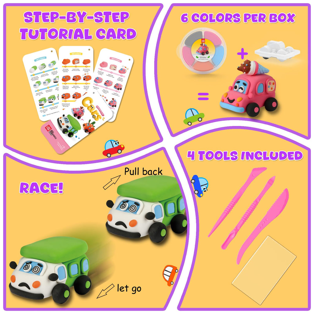 LOUFOR Air Dry Clay Kit for Kids – Make 3 Pull-Back Cars, Ultra-Light Modeling Clay with Tools & Tutorial