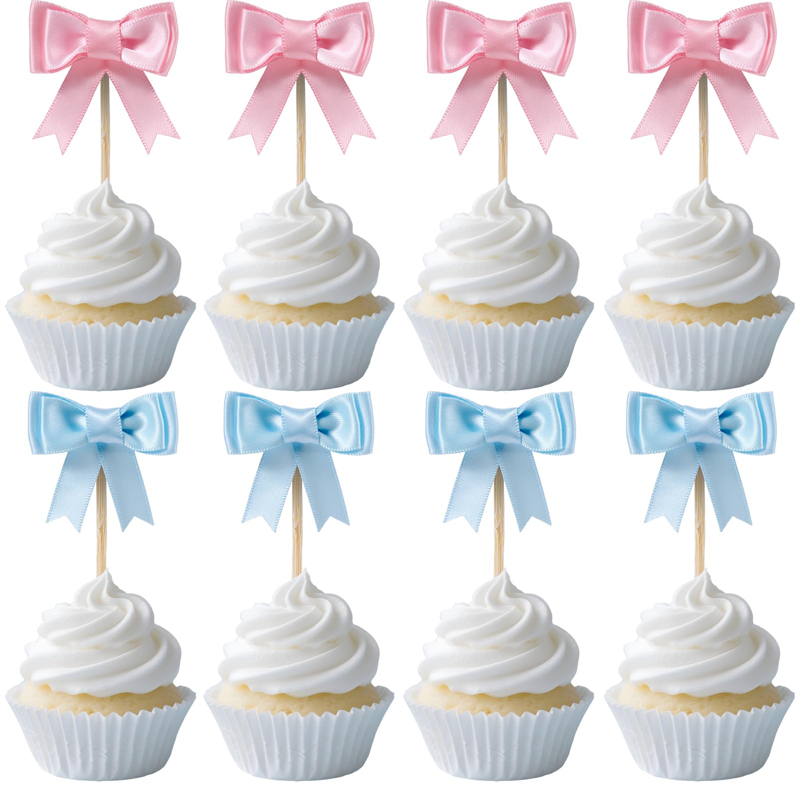 Lovarywow 30-Pack Pink and Blue Bow Cupcake Toppers for Gender Reveal, Baby Shower, and Birthday Parties