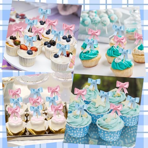 Lovarywow 30-Pack Pink and Blue Bow Cupcake Toppers for Gender Reveal, Baby Shower, and Birthday Parties