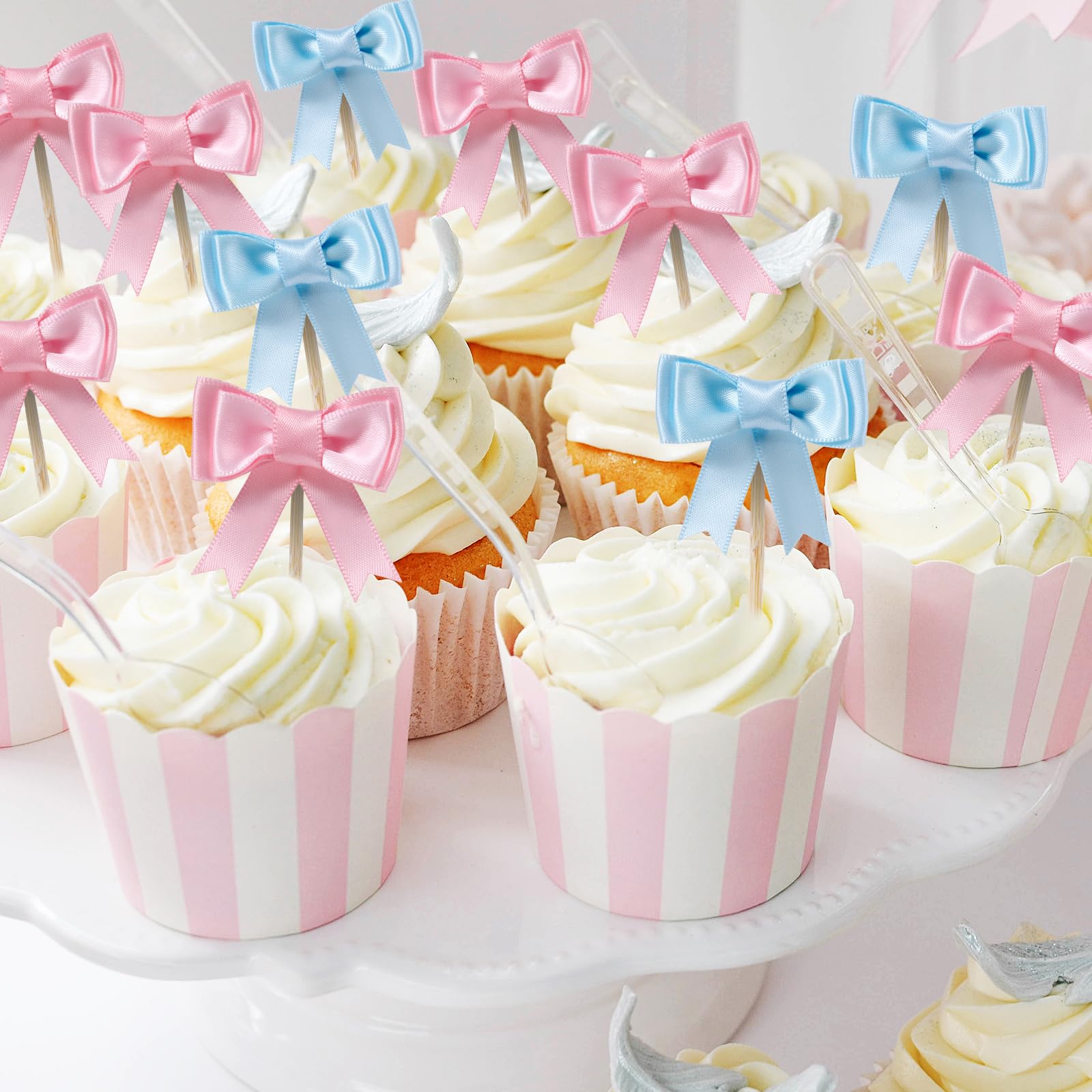 Lovarywow 30-Pack Pink and Blue Bow Cupcake Toppers for Gender Reveal, Baby Shower, and Birthday Parties