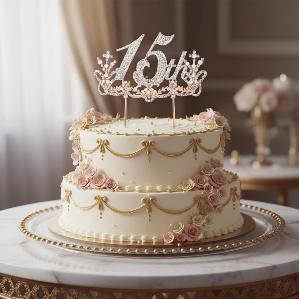 Lovelyshop Diamond Gold Cake Topper – 13cm Large Retro Design for 15th Birthday & Quinceañera