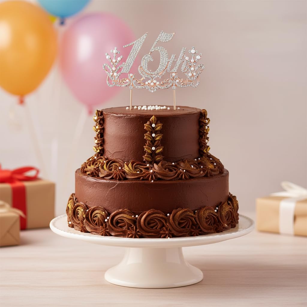 Lovelyshop Diamond Gold Cake Topper – 13cm Large Retro Design for 15th Birthday & Quinceañera