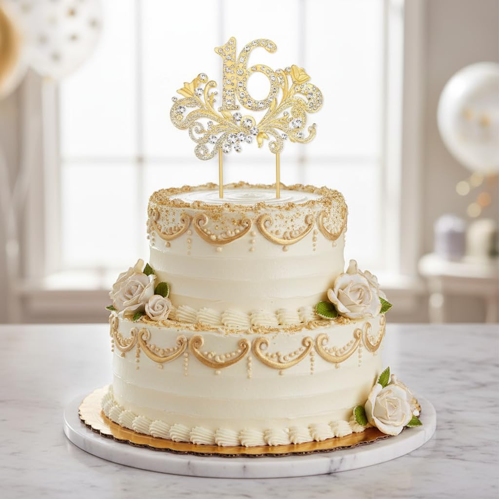 Lovelyshop Gold Wings Cake Topper with Crystals – Sweet 16 Decoration