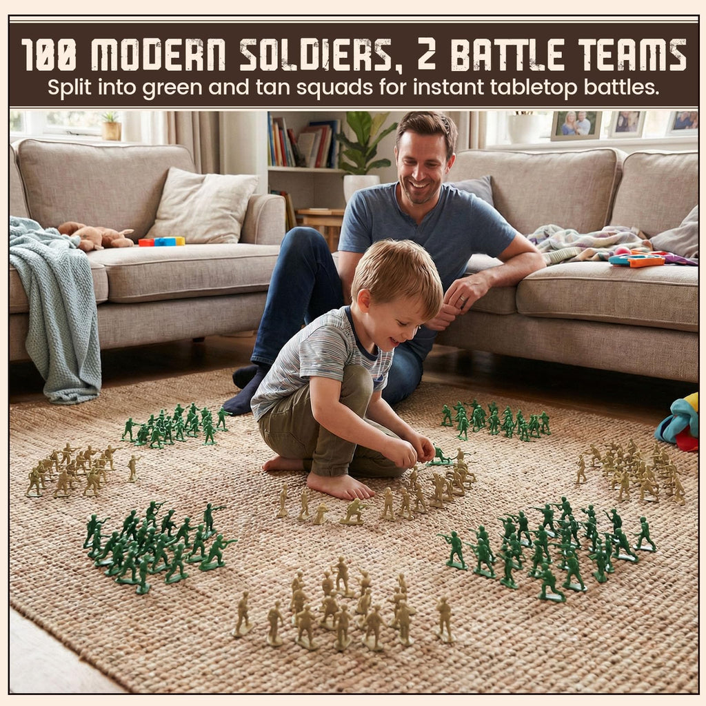 LovesTown 100PCS Army Men Toy Soldiers – 50 Green & 50 Tan Figures with 8 Action Poses Each for Creative Play and School Projects
