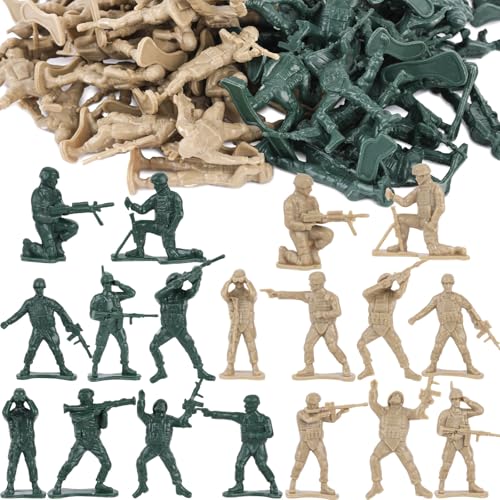 LovesTown 100PCS Army Men Toy Soldiers – 50 Green & 50 Tan Figures with 8 Action Poses Each for Creative Play and School Projects