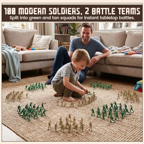 LovesTown 100PCS Army Men Toy Soldiers – 50 Green & 50 Tan Figures with 8 Action Poses Each for Creative Play and School Projects