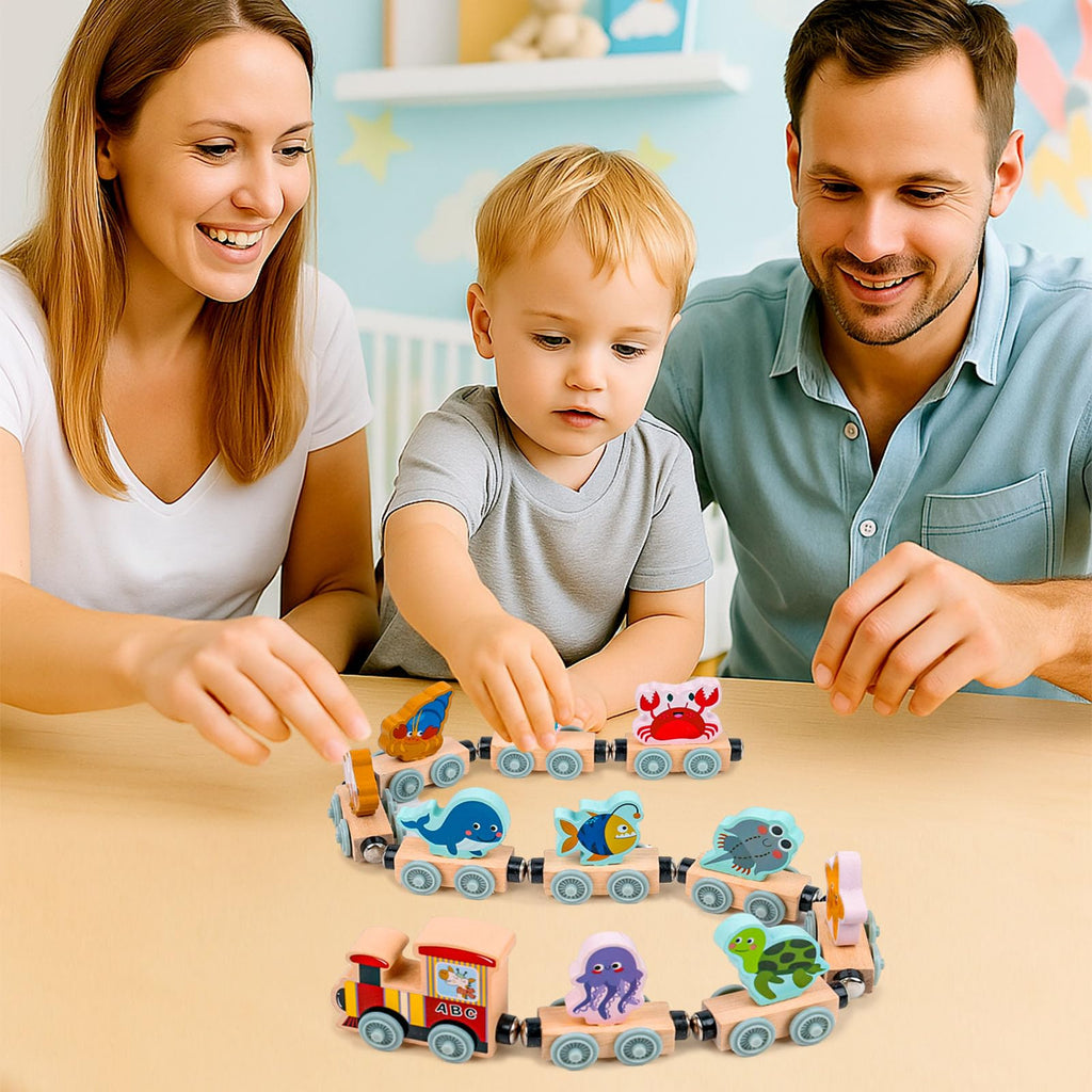 LovesTown 11-Piece Magnetic Wooden Sea Animal Train Set - Montessori Learning Toy for Toddlers
