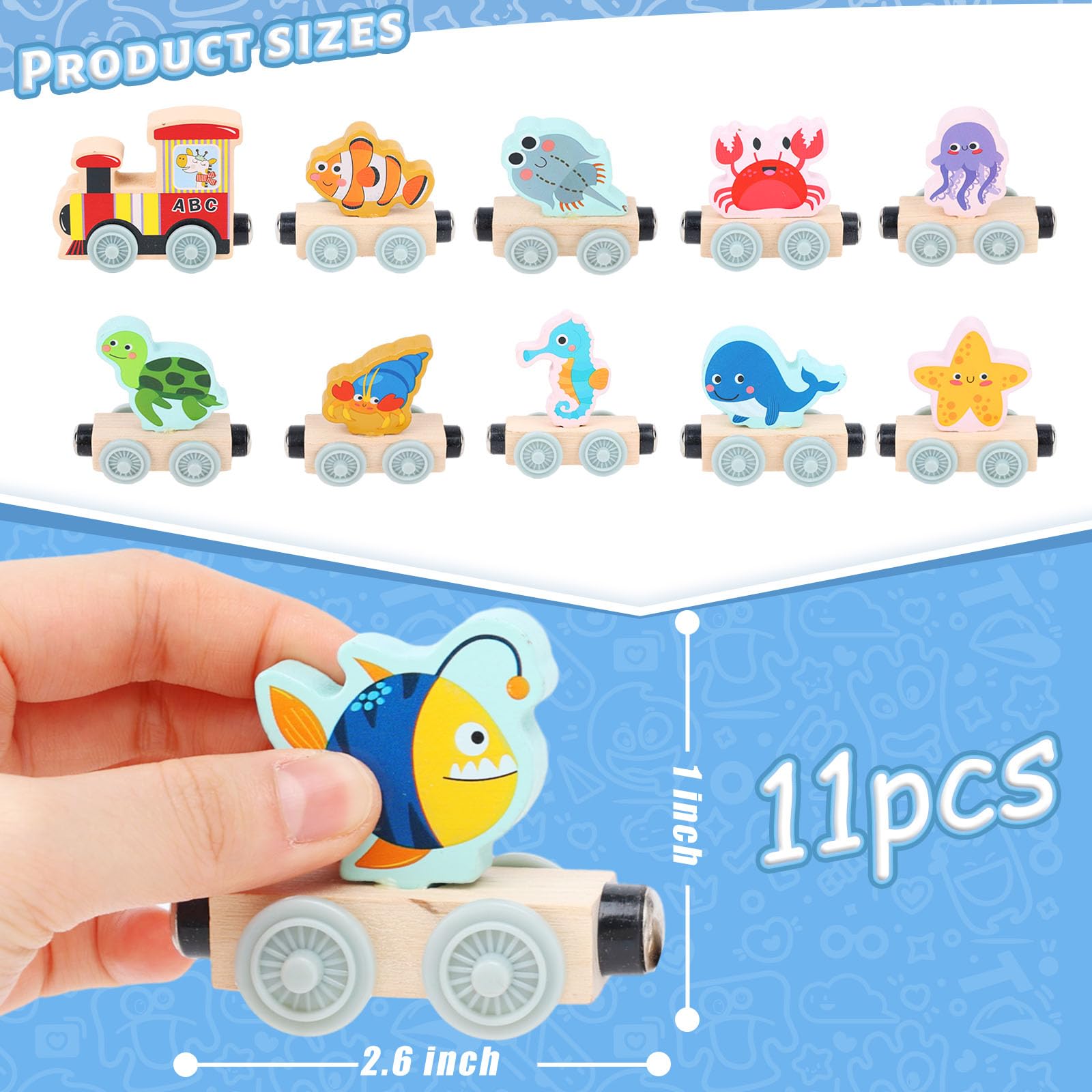 LovesTown 11-Piece Magnetic Wooden Sea Animal Train Set - Montessori Learning Toy for Toddlers