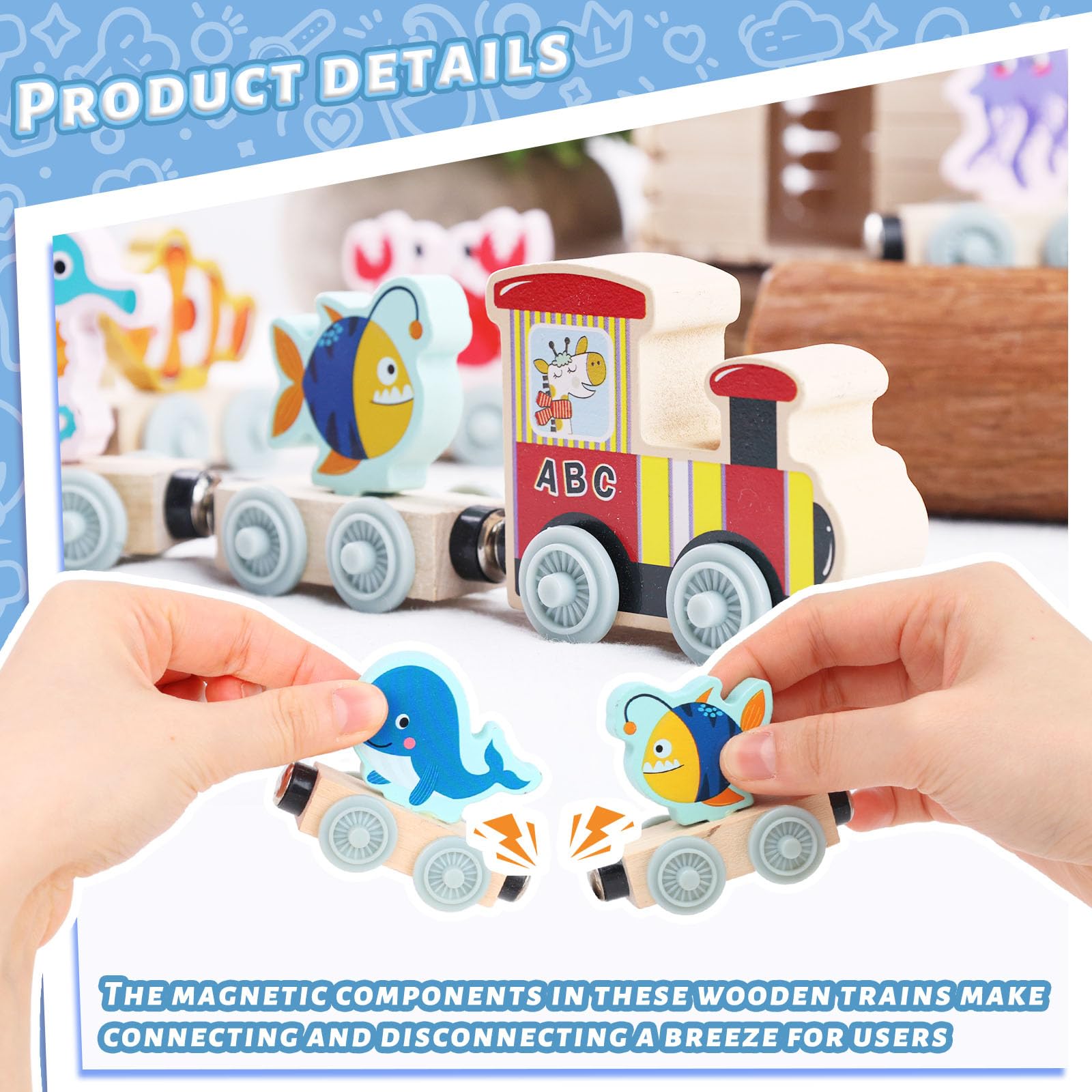 LovesTown 11-Piece Magnetic Wooden Sea Animal Train Set - Montessori Learning Toy for Toddlers