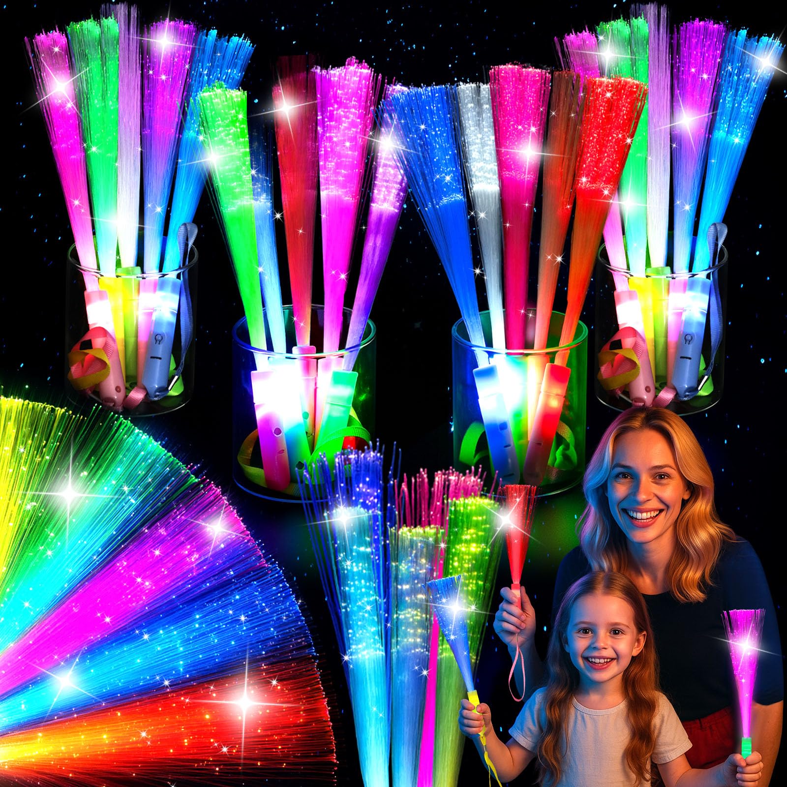 LovesTown 12-Piece LED Glow Sticks with 3 Light Modes, Fiber Optic Wands for Parties