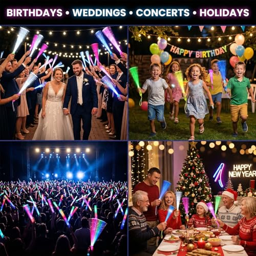 LovesTown 12-Piece LED Glow Sticks with 3 Light Modes, Fiber Optic Wands for Parties