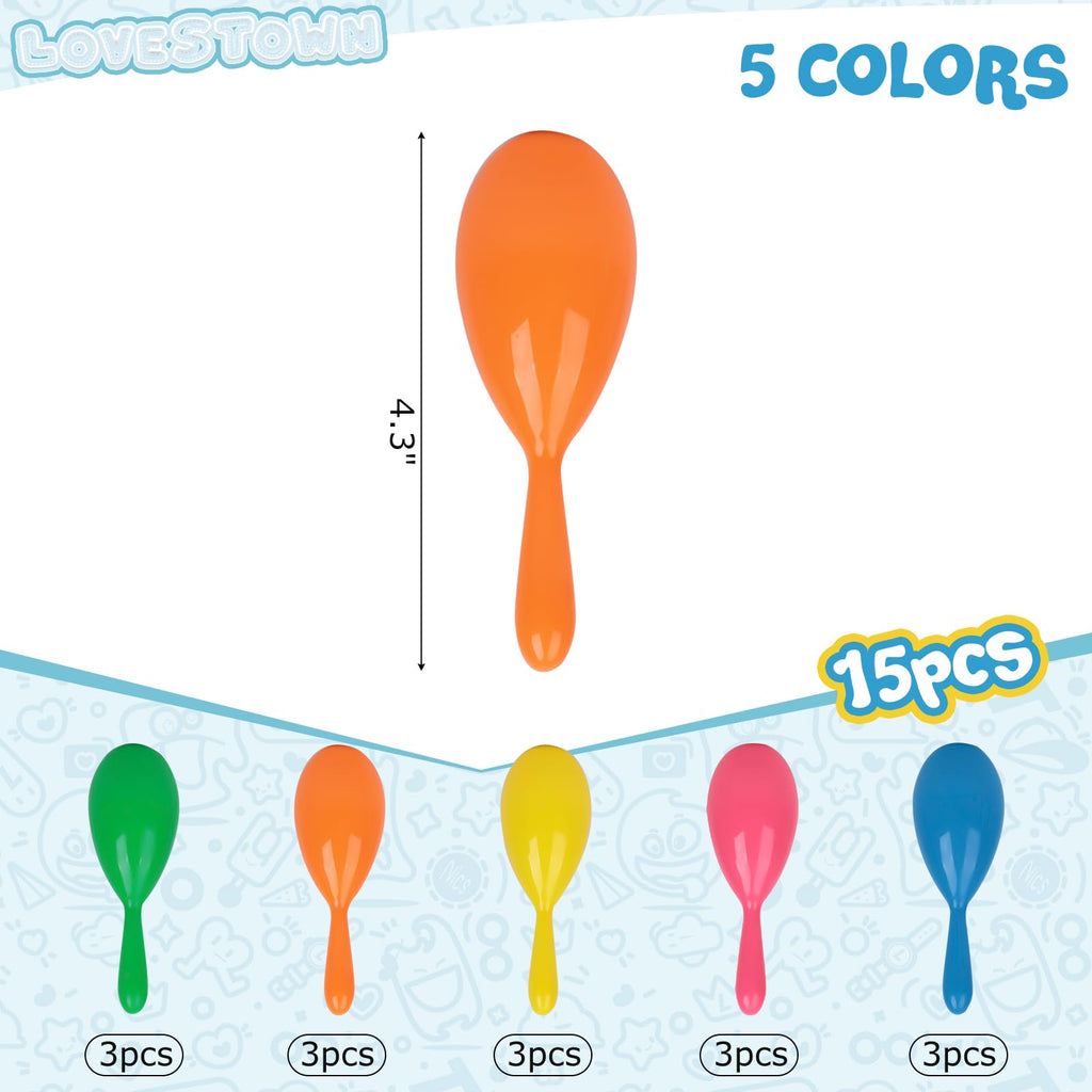 LovesTown 15-Pack Neon Mini Maracas – Plastic Shakers for Kids’ Parties and Musical Play