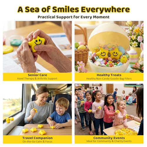 LovesTown 20-Pack Star Stress Balls – 2 Inch Yellow Smile Face Squeeze Toys for Stress Relief and Classroom Prizes
