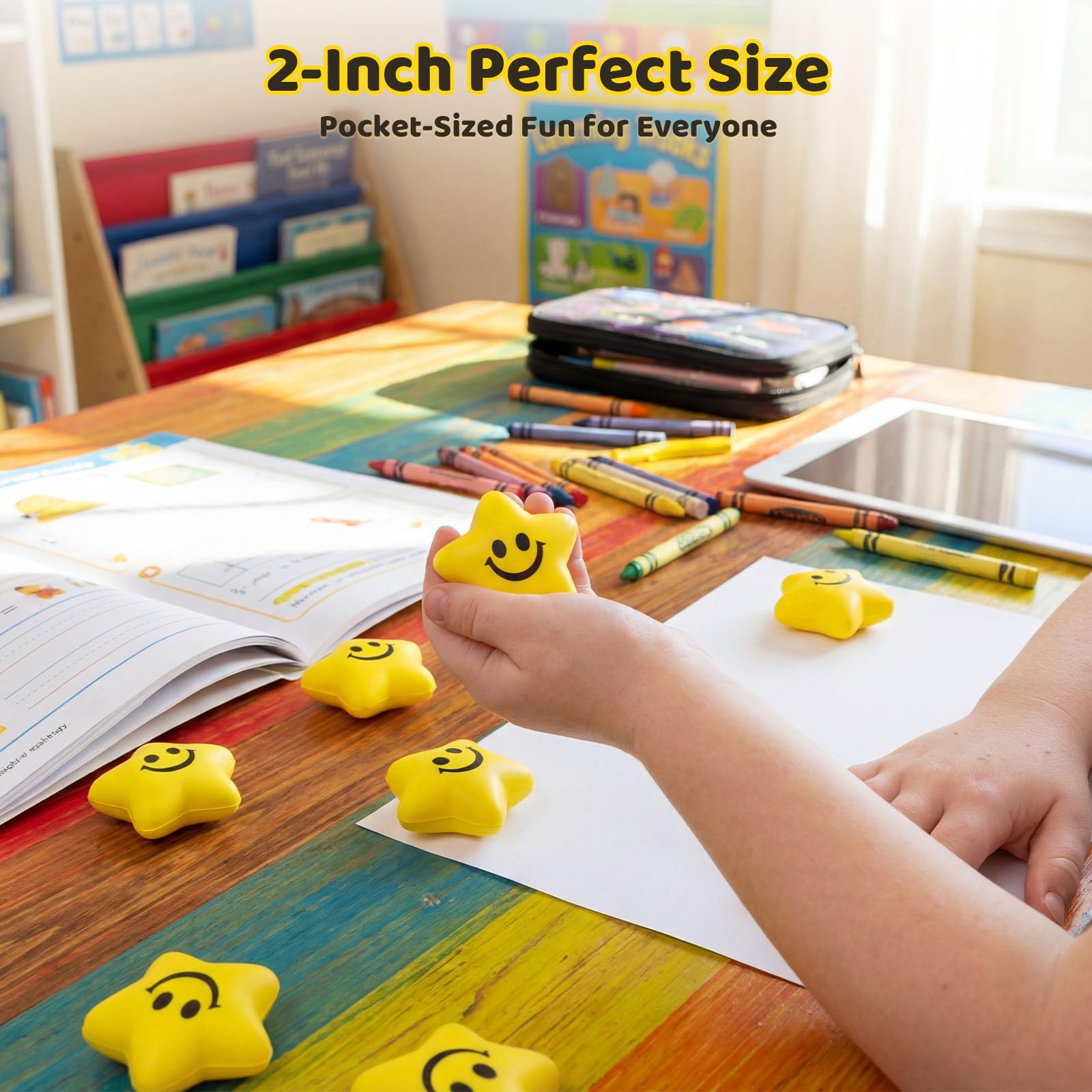 LovesTown 20-Pack Star Stress Balls – 2 Inch Yellow Smile Face Squeeze Toys for Stress Relief and Classroom Prizes