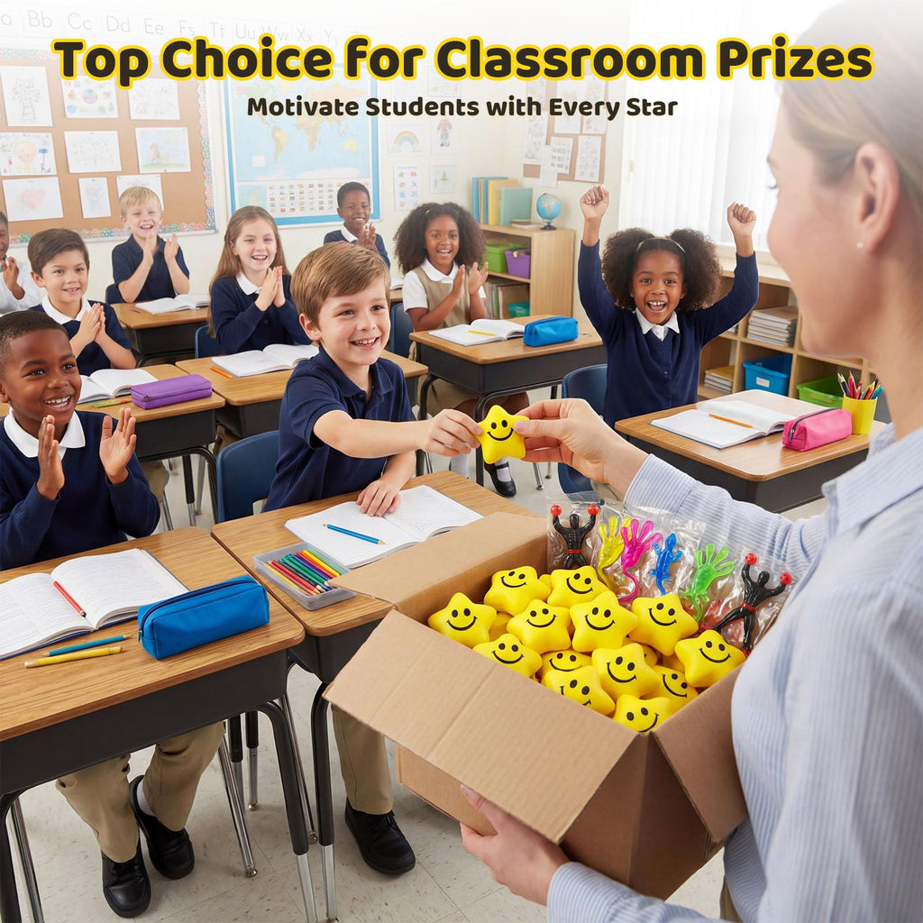 LovesTown 20-Pack Star Stress Balls – 2 Inch Yellow Smile Face Squeeze Toys for Stress Relief and Classroom Prizes