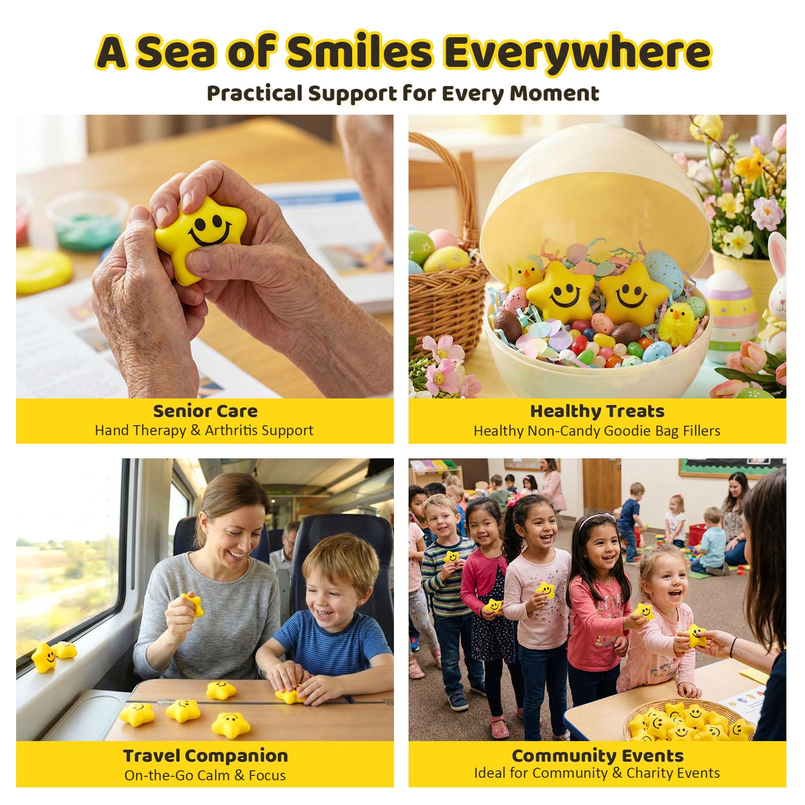 LovesTown 20-Pack Star Stress Balls – 2 Inch Yellow Smile Face Squeeze Toys for Stress Relief and Classroom Prizes
