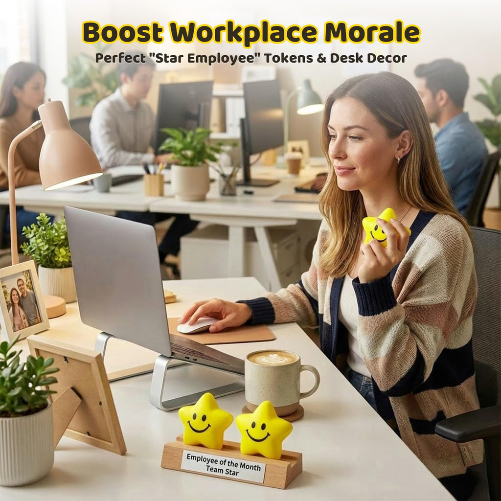 LovesTown 20-Pack Star Stress Balls – 2 Inch Yellow Smile Face Squeeze Toys for Stress Relief and Classroom Prizes