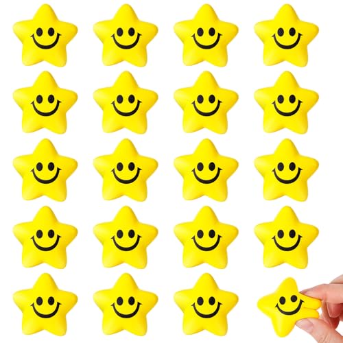 LovesTown 20-Pack Star Stress Balls – 2 Inch Yellow Smile Face Squeeze Toys for Stress Relief and Classroom Prizes