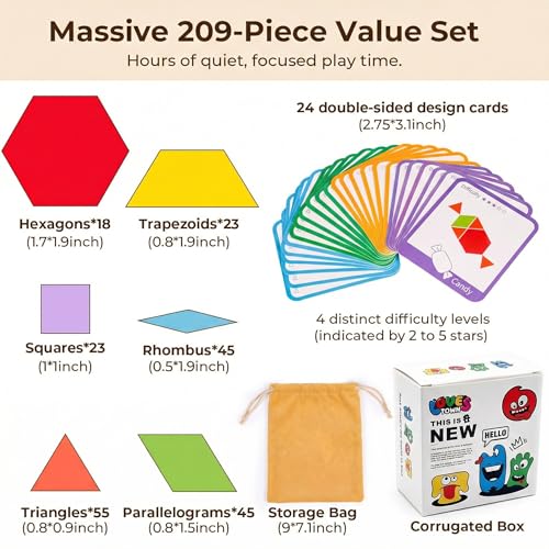 LovesTown 209 Pcs Wooden Pattern Blocks for Kids with 24 Double-Sided Cards & Bag