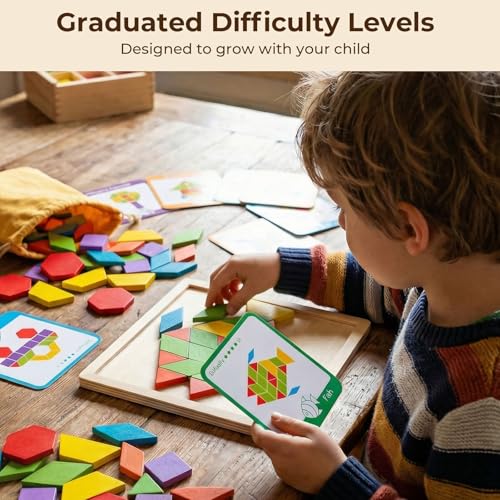 LovesTown 209 Pcs Wooden Pattern Blocks for Kids with 24 Double-Sided Cards & Bag