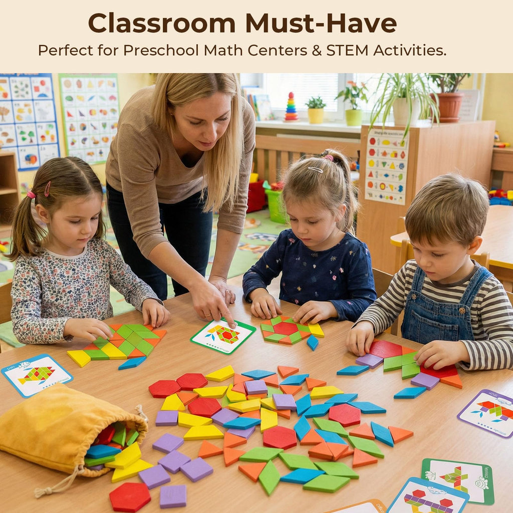 LovesTown 209 Pcs Wooden Pattern Blocks for Kids with 24 Double-Sided Cards & Bag