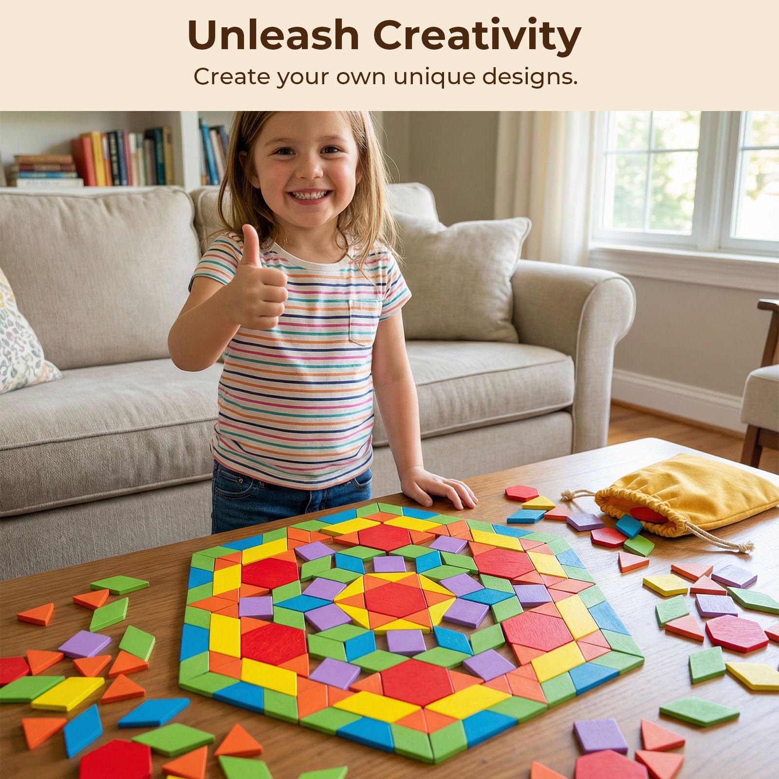 LovesTown 209 Pcs Wooden Pattern Blocks for Kids with 24 Double-Sided Cards & Bag