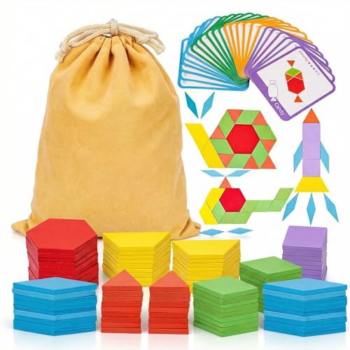 LovesTown 209 Pcs Wooden Pattern Blocks for Kids with 24 Double-Sided Cards & Bag