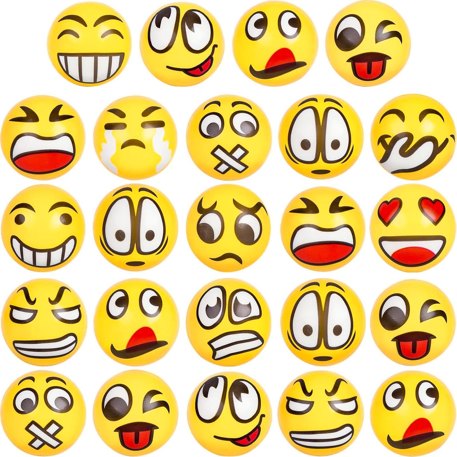 LovesTown 24-Pack Funny Face Stress Balls – 2.5 Inch Yellow Foam Squeeze Toys for Kids & Adults, Bulk Party Favors, Classroom Prizes