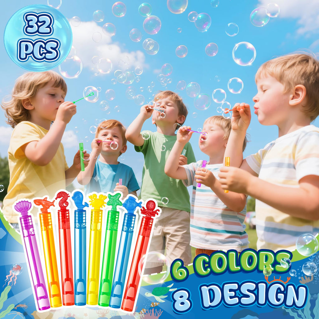 LovesTown 32-Pack Ocean Animal Bubbles Party Favors - Mini Bubble Wands for Kids, Under the Sea Theme, Classroom Prizes & Goodie Bag Stuffers