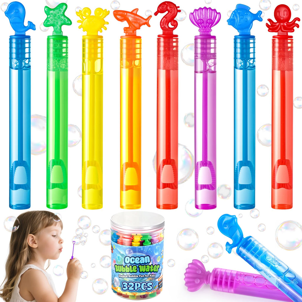 LovesTown 32-Pack Ocean Animal Bubbles Party Favors - Mini Bubble Wands for Kids, Under the Sea Theme, Classroom Prizes & Goodie Bag Stuffers