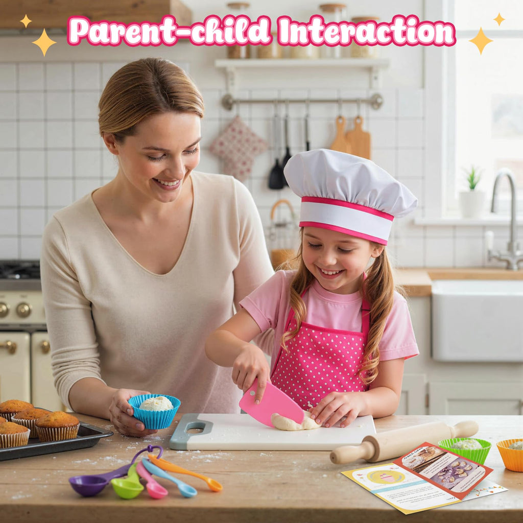 LovesTown 32-Piece Kids Baking Set with Pink Apron & Chef Hat – Pretend Play Kitchen Toys for Girls