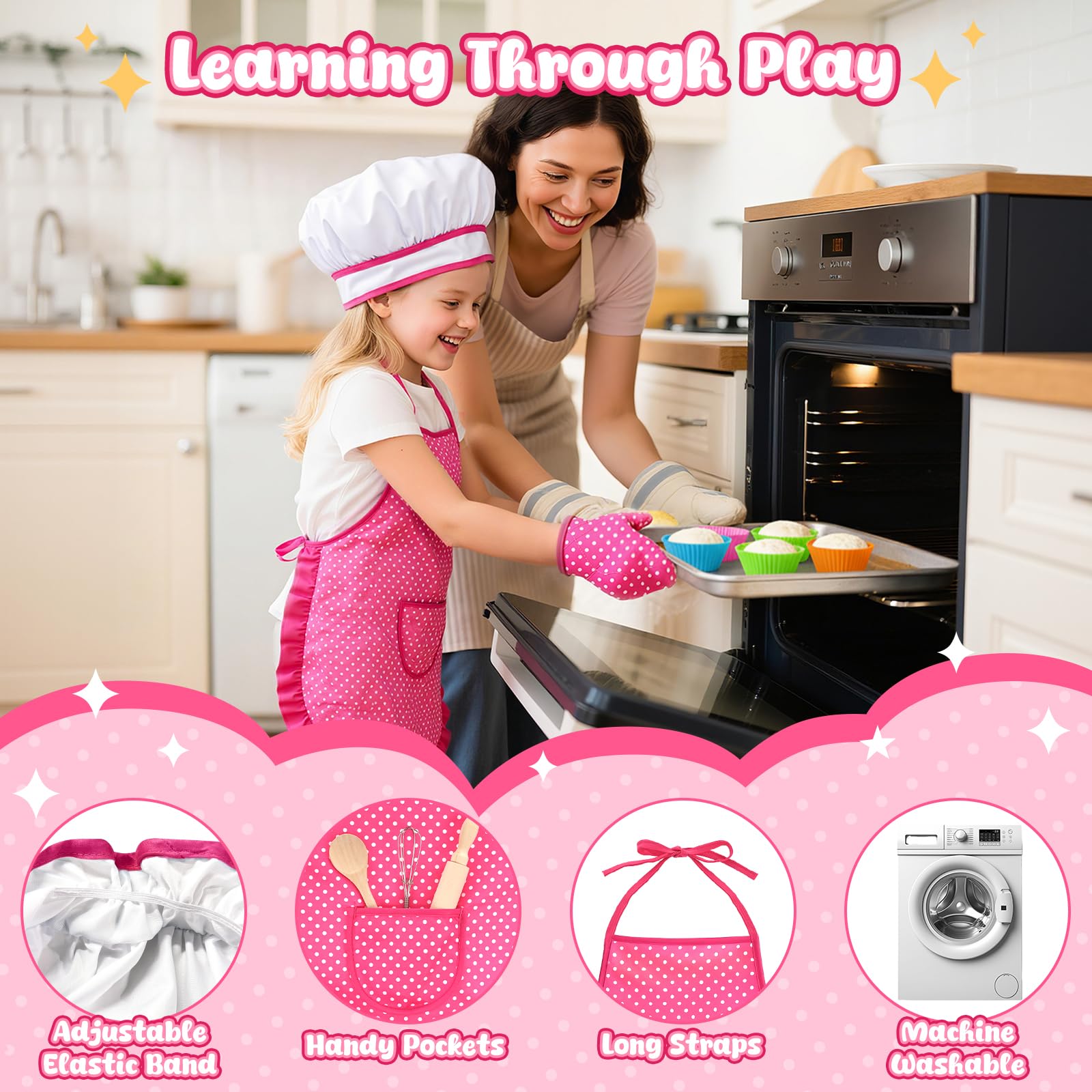 LovesTown 32-Piece Kids Baking Set with Pink Apron & Chef Hat – Pretend Play Kitchen Toys for Girls