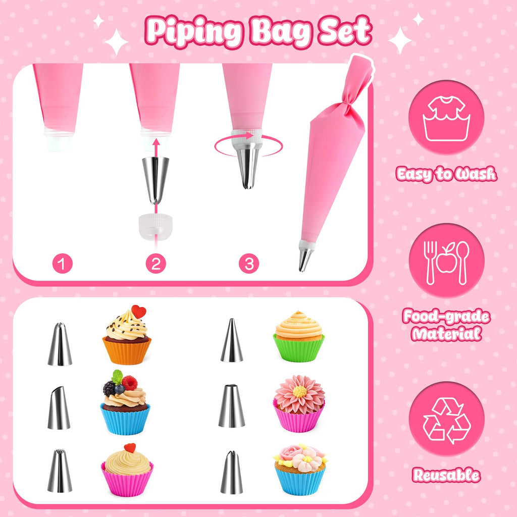 LovesTown 32-Piece Kids Baking Set with Pink Apron & Chef Hat – Pretend Play Kitchen Toys for Girls