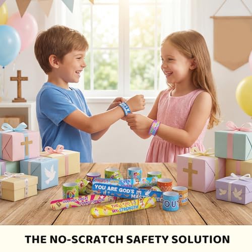 LovesTown 48 Christian Snap Bracelets Bulk Set for Kids - Bible Verse Slap Wristbands for Sunday School Prizes