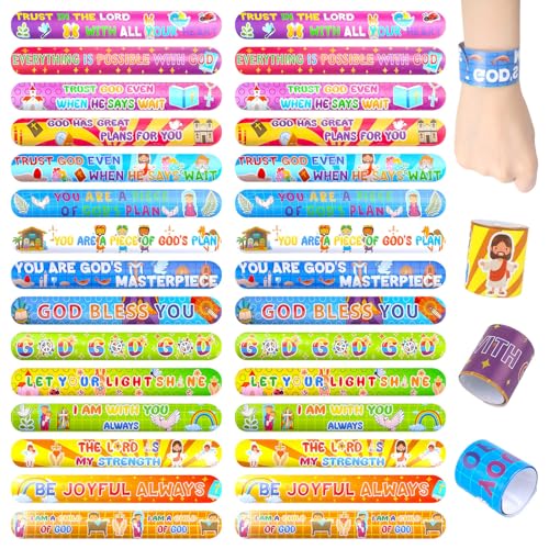 LovesTown 48 Christian Snap Bracelets Bulk Set for Kids - Bible Verse Slap Wristbands for Sunday School Prizes