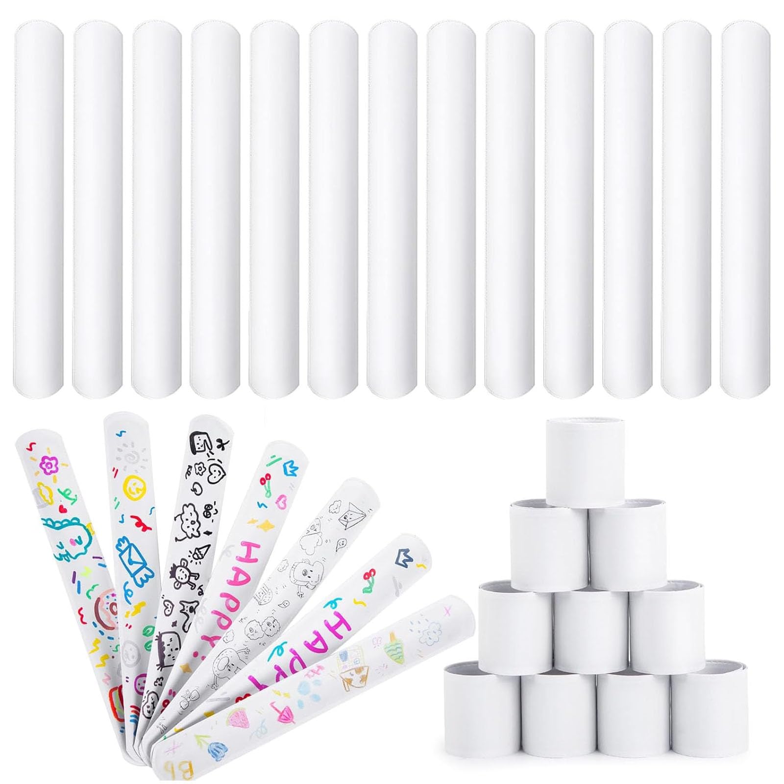 LovesTown 48-Pack White Slap Bracelets for DIY Crafts, Party Favors, and Classroom Prizes