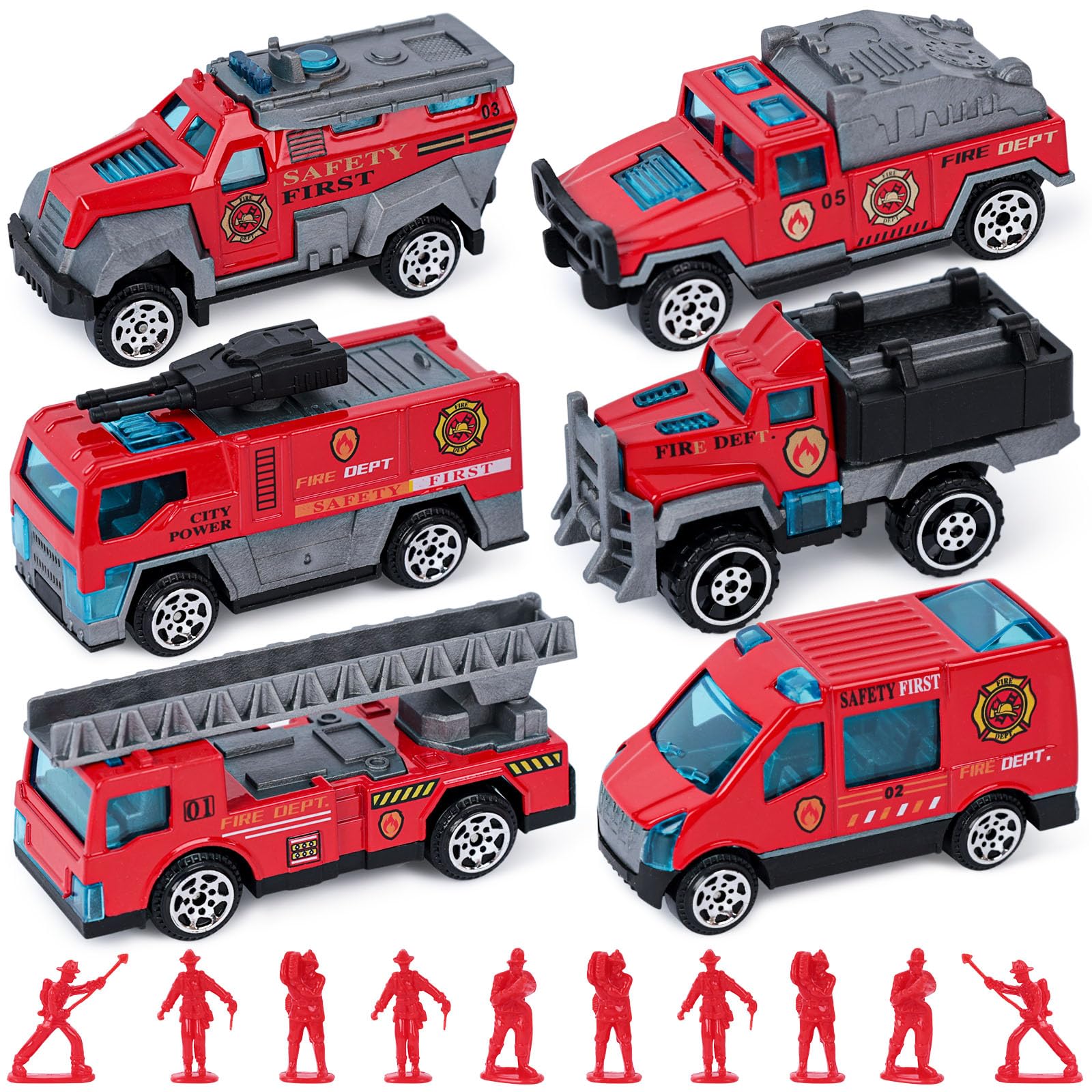 LovesTown 50-Piece Fire Truck Playset with 6 Die-Cast Metal Trucks and 44 Firefighter Figures, Red Rescue Vehicles Toy for Kids Ages 3+