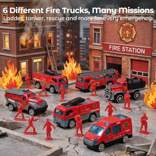 LovesTown 50-Piece Fire Truck Playset with 6 Die-Cast Metal Trucks and 44 Firefighter Figures, Red Rescue Vehicles Toy for Kids Ages 3+